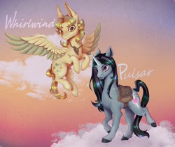 Size: 2358x1992 | Tagged: safe, artist:ponikiec, oc, oc:pulsar, oc:whirlwind, pegasus, pony, unicorn, duo, female, horn, pegasus oc, unicorn oc