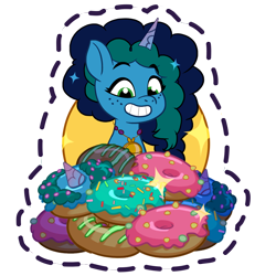 Size: 1024x1024 | Tagged: safe, gameloft, misty brightdawn, pony, unicorn, g5, my little pony: mane merge, cute, donut, excited, female, food, freckles, game screencap, grin, happy, horn, jewelry, mare, medallion, mistybetes, necklace, simple background, smiling, solo, sparkles, sticker, transparent background, unicorn horn