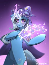 Size: 1536x2048 | Tagged: safe, artist:mugitya012, trixie, pony, unicorn, g4, bipedal, brooch, cape, card, clothes, female, glowing, glowing horn, gradient background, hat, horn, jewelry, looking at you, magic, magic aura, mare, purple background, simple background, solo, telekinesis, trixie's brooch, trixie's cape, trixie's hat