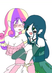 Size: 735x1032 | Tagged: safe, artist:ruto_me, princess cadance, queen chrysalis, human, g4, blushing, breasts, cleavage, duo, female, humanized, infidelity, lesbian, ship:cadalis, shipping, simple background, white background