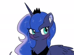 Size: 2048x1518 | Tagged: safe, artist:ruto_me, princess luna, alicorn, pony, g4, blushing, chest fluff, colored ear fluff, colored pinnae, ear fluff, eye clipping through hair, female, jewelry, looking away, mare, regalia, simple background, solo, white background