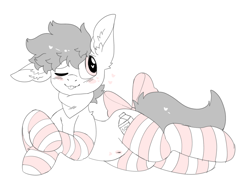 Size: 1951x1502 | Tagged: safe, artist:spookyfoxinc, oc, oc only, pegasus, pony, bow, clothes, ear fluff, heart, heart eyes, lying, one ear down, one eye closed, simple background, socks, solo, striped socks, tail, tail bow, white background, wingding eyes