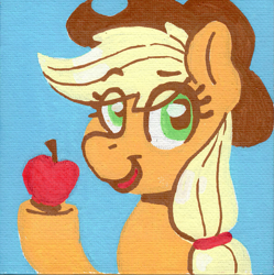 Size: 1179x1184 | Tagged: safe, artist:dandy, applejack, earth pony, pony, g4, acrylic painting, apple, bust, colored, cowboy hat, eye clipping through hair, eyebrows, eyebrows visible through hair, flat colors, food, hair tie, hat, looking at you, open mouth, simple background, solo, traditional art