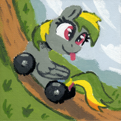 Size: 1172x1179 | Tagged: safe, artist:dandy, oc, oc only, oc:wheely bopper, original species, pegasus, pony, wheelpone, acrylic painting, grass, looking back, road, sky, solo, tongue out, traditional art, wings