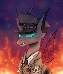 Size: 2085x2453 | Tagged: safe, artist:ashel_aras, oc, oc only, oc:mader, changeling, changeling oc, clothes, commission, fire, grin, hat, high res, male, military uniform, officer, peaked cap, simple background, smiling, solo, uniform