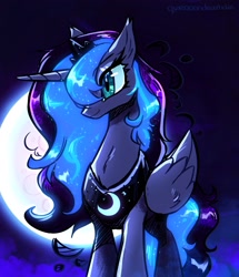 Size: 1761x2048 | Tagged: safe, artist:qwennondeathdie, princess luna, alicorn, pony, g4, female, folded wings, full moon, hair over one eye, horn, mare, moon, signature, smiling, solo, wings