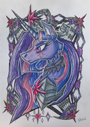 Size: 2523x3542 | Tagged: safe, artist:deidad dissitum, twilight sparkle, alicorn, pony, g4, the last problem, bust, crown, decoration, high res, jewelry, knight, older, older twilight, older twilight sparkle (alicorn), portrait, princess twilight 2.0, queen twilight, regalia, solo, traditional art, twilight sparkle (alicorn)