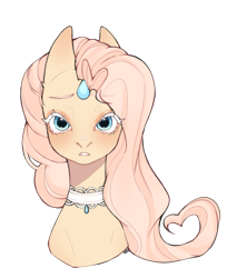 Size: 2022x2484 | Tagged: safe, artist:ruru_01, oc, pony, unicorn, accessory, bust, choker, high res, horn, long hair, long mane, looking at you, portrait, sad, simple background, small horn, solo, transparent background