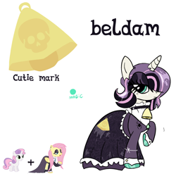Size: 2048x2048 | Tagged: artist needed, safe, fluttershy, sweetie belle, oc, oc:beldam, pony, unicorn, g4, bell, bell collar, black dress, clothes, collar, cutie mark, dress, fluttergoth, fusion, fusion:fluttershy, fusion:sweetie belle, goth, gothic, gothic lolita, high res, lolita fashion, makeup, oc focus, reference sheet, simple background, solo focus, white background
