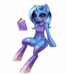 Size: 3333x3666 | Tagged: safe, artist:02vxmp, artist:minchyseok, trixie, unicorn, semi-anthro, g4, arm hooves, belly button, book, female, glowing, glowing horn, high res, horn, simple background, solo, white background