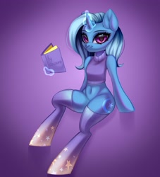 Size: 3333x3666 | Tagged: safe, alternate version, artist:02vxmp, artist:minchyseok, trixie, unicorn, semi-anthro, g4, arm hooves, belly button, book, female, glowing, glowing horn, gradient background, high res, horn, magic, solo, telekinesis