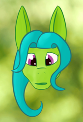 Size: 448x664 | Tagged: safe, artist:kujivunia, edit, oc, oc only, dryad, earth pony, pony, abstract background, big ears, bust, earth pony oc, green background, head only, looking at you, portrait, solo