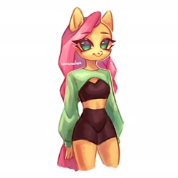 Size: 2333x2333 | Tagged: safe, artist:02vxmp, artist:minchyseok, fluttershy, anthro, g4, clothes, compression shorts, female, high res, midriff, simple background, solo, tank top, white background