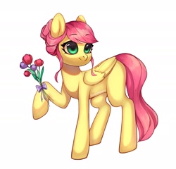 Size: 2600x2500 | Tagged: safe, artist:02vxmp, artist:minchyseok, fluttershy, pegasus, pony, g4, alternate hairstyle, bouquet, bouquet of flowers, female, flower, folded wings, high res, holding, magnetic hooves, mare, missing cutie mark, raised hoof, simple background, solo, standing, three quarter view, tulip, turned head, white background, wings