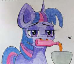 Size: 1756x1519 | Tagged: safe, artist:engi, twilight sparkle, pony, unicorn, g4, confound these ponies, cup, female, hot sauce, simple background, solo, traditional art, watercolor painting