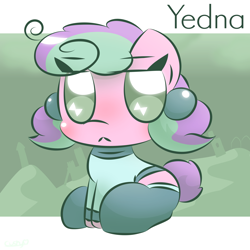 Size: 2000x2000 | Tagged: safe, artist:cushyhoof, oc, oc only, oc:yedna letelier, earth pony, pony, :<, adult blank flank, blank flank, blushing, chibi, clothes, cute, earth pony oc, female, high res, mare, short tail, sitting, socks, solo, sweater, tail, unamused
