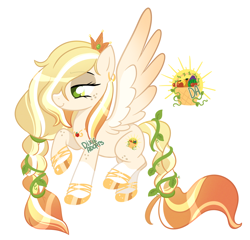 Size: 2000x1923 | Tagged: safe, artist:dixieadopts, oc, oc only, oc:celestial harvest, pegasus, pony, braid, coat markings, colored wings, crown, ear piercing, earring, eyeshadow, female, flying, freckles, gradient mane, gradient tail, gradient wings, green eyes, hoof shoes, jewelry, large wings, leg freckles, magical lesbian spawn, makeup, mare, offspring, parent:applejack, parent:princess celestia, parents:applelestia, pegasus oc, piercing, regalia, simple background, smiling, socks (coat markings), solo, spread wings, tail, transparent background, vine, wings