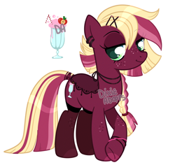 Size: 2000x1884 | Tagged: safe, artist:dixieadopts, oc, oc only, oc:apple berrie, earth pony, pony, bracelet, braid, colored hooves, crossed hooves, ear piercing, earring, earth pony oc, female, fishnet pantyhose, fishnet stockings, freckles, green eyes, hairclip, jewelry, leg freckles, lidded eyes, looking at you, magical lesbian spawn, mare, necklace, offspring, parent:applejack, parent:tempest shadow, parents:tempestjack, piercing, simple background, smiling, solo, standing, transparent background