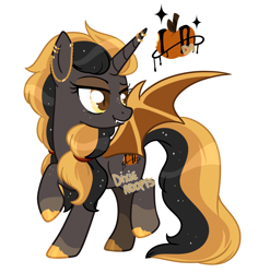Size: 2000x2025 | Tagged: safe, artist:dixieadopts, oc, oc only, oc:shadow apple, alicorn, bat pony, bat pony alicorn, pony, bat wings, coat markings, colored hooves, colored wings, ear piercing, earring, eyebrows, fangs, female, freckles, grin, high res, horn, horn ring, jewelry, leg freckles, looking back, mare, offspring, parent:applejack, parent:king sombra, parents:sombrajack, piercing, raised eyebrow, ring, simple background, slit pupils, smiling, socks (coat markings), solo, sparkly mane, sparkly tail, spread wings, standing on two hooves, tail, transparent background, watermark, wings, yellow eyes