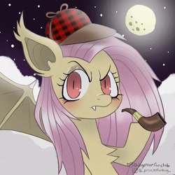 Size: 2048x2048 | Tagged: safe, artist:dagothurfanclub, fluttershy, bat pony, pony, g4, bat ponified, chest fluff, deerstalker, detective, eyebrows, female, flutterbat, full moon, hat, high res, holding, looking at you, moon, night, pipe, race swap, raised eyebrow, raised hoof, red eyes, sherlock holmes, solo, spread wings, three quarter view, wings