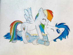 Size: 1032x774 | Tagged: safe, artist:rd97, rainbow dash, soarin', pegasus, pony, g4, clothes, eyes closed, female, laughing, lying down, male, mare, ship:soarindash, shipping, simple background, smiling, stallion, straight, traditional art, uniform, white background, wonderbolts uniform