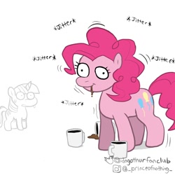 Size: 1080x1080 | Tagged: safe, artist:dagothurfanclub, pinkie pie, twilight sparkle, earth pony, pony, unicorn, g4, caffeine, coffee, duo, female, mare, moments before disaster, pinkie found the coffee, simple background, sweat, sweatdrop, this will not end well, unicorn twilight, white background, worried, xk-class end-of-the-world scenario