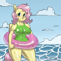 Size: 2048x2048 | Tagged: safe, artist:dagothurfanclub, fluttershy, pegasus, anthro, g4, blushing, breasts, busty fluttershy, clothes, female, floaty, green swimsuit, high res, inner tube, looking at you, ocean, one-piece swimsuit, outdoors, pool toy, solo, swimsuit, water, wings