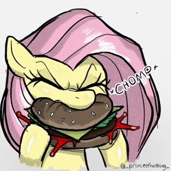 Size: 1080x1080 | Tagged: safe, artist:dagothurfanclub, fluttershy, pegasus, pony, g4, burger, cheese, eating, female, food, ketchup, lettuce, meat, messy eating, ponies eating meat, sauce, sliced cheese, solo