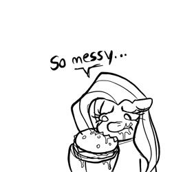 Size: 1080x1080 | Tagged: safe, artist:dagothurfanclub, fluttershy, pegasus, pony, g4, black and white, burger, eating, female, food, grayscale, messy eating, monochrome, simple background, solo, white background