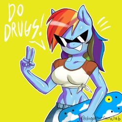 Size: 2048x2048 | Tagged: safe, artist:dagothurfanclub, rainbow dash, anthro, g4, belly button, female, high res, implied drugs, midriff, peace sign, simple background, skateboard, solo, sunglasses, yellow background