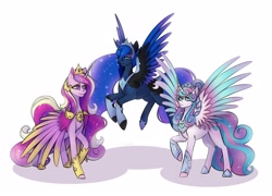 Size: 4096x2944 | Tagged: safe, artist:yutailaarts, princess cadance, princess flurry heart, princess luna, alicorn, pony, g4, concave belly, female, older, older flurry heart, simple background, trio, white background