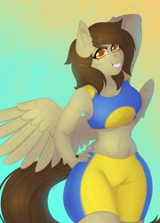Size: 2943x4096 | Tagged: safe, artist:yutailaarts, oc, oc only, oc:static spark, pegasus, anthro, anthro oc, belly button, clothes, compression shorts, equine, female, gradient background, midriff, pegasus oc, solo, tank top