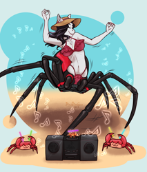 Size: 2430x2855 | Tagged: safe, artist:blackblood-queen, oc, oc only, oc:charlotte silk, black widow, crab, drider, monster pony, original species, spider, spiderpony, anthro, anthro oc, beach, beach hat, bikini, boombox, breasts, clothes, commission, dancing, eyes closed, fangs, hermit crab, high res, music notes, swimsuit