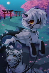 Size: 2000x3000 | Tagged: safe, artist:anku, oc, oc only, big cat, pegasus, pony, tiger, bell, bell collar, cherry blossoms, collar, detailed background, flower, flower blossom, high res, leaves, lying down, moon, short hair, stairs, stripes, torii, white hair, yellow eyes