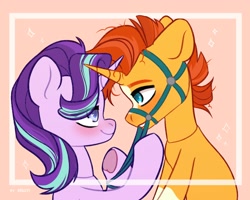 Size: 2500x2000 | Tagged: safe, artist:shelti, starlight glimmer, sunburst, pony, unicorn, g4, blushing, bridle, female, femdom, heart, heart eyes, high res, looking at each other, looking at someone, male, malesub, mare, messy mane, ship:starburst, shipping, signature, simple background, stallion, straight, submissive, tack, underhoof, wingding eyes
