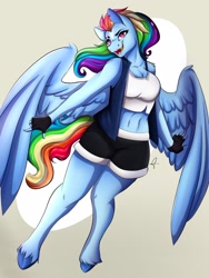 Size: 1536x2048 | Tagged: safe, artist:akaamaru2020, rainbow dash, pegasus, anthro, unguligrade anthro, g4, abs, breasts, busty rainbow dash, cleavage, clothes, female, fingerless gloves, gloves, midriff, solo