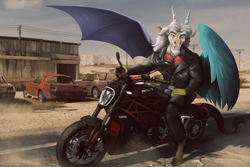 Size: 2351x1567 | Tagged: safe, artist:spotty the cheetah, discord, draconequus, g4, abandoned, biker, building, car, clothes, cool, crotch bulge, desert, ducati, dust, ford mustang, hill, jacket, leather, leather jacket, looking at you, male, motorcycle, pants, power line, road, sign, smiling, solo, spread wings, stupid sexy discord, warning sign, wings