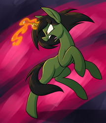 Size: 1306x1521 | Tagged: safe, artist:moonatik, oc, oc:grim fate, pony, unicorn, abstract background, action pose, angry, blank flank, fanfic art, magic, solo, teenager, younger