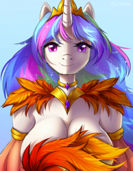 Size: 1000x1290 | Tagged: safe, artist:blueomlette, princess celestia, alicorn, anthro, g4, big breasts, breasts, busty princess celestia, choker, cleavage, crown, feather, female, gradient background, horn, jewelry, looking at you, necklace, regalia, smiling, smiling at you, solo, strategically covered