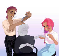 Size: 2183x2090 | Tagged: safe, artist:aztrial, jazz hooves, rocky riff, human, g5, alternate hairstyle, apron, chair, clothes, dark skin, ear piercing, earring, female, generic person, gradient background, grin, haircut, high res, humanized, jewelry, male, moderate dark skin, nail polish, necklace, open mouth, pants, piercing, scissors, shirt, smiling, sparkles, tan skin, trio