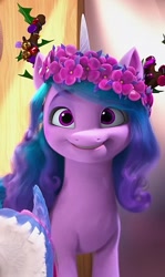 Size: 587x982 | Tagged: safe, screencap, izzy moonbow, zipp storm, pegasus, pony, unicorn, g5, my little pony: make your mark, my little pony: make your mark chapter 3, winter wishday, spoiler:g5, spoiler:winter wishday, cute, female, floral head wreath, flower, izzybetes, mare, smiling, solo focus