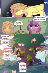 Size: 960x1440 | Tagged: safe, artist:cold-blooded-twilight, fluttershy, spike, twilight sparkle, dragon, pegasus, pony, unicorn, cold blooded twilight, comic:cold storm, g4, comic, dialogue, eyes closed, female, flower, flower in hair, golden oaks library, looking up, male, mare, open mouth, open smile, smiling, speech bubble, sunset, sweat, sweatdrop