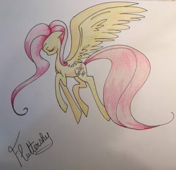 Size: 2126x2048 | Tagged: safe, artist:lovylovecristal, fluttershy, pegasus, pony, g4, eyes closed, female, high res, large wings, long tail, mare, name, solo, spread wings, tail, traditional art, wings