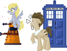 Size: 220x168 | Tagged: safe, artist:lovylovecristal, derpy hooves, doctor whooves, time turner, alien, earth pony, pegasus, pony, g4, animated, dalek, doctor who, emanata, female, floating, gif, heart, loop, male, mare, pixel art, riding, simple background, sonic screwdriver, stallion, tardis, the doctor, transparent background