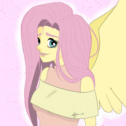 Size: 1280x1280 | Tagged: safe, artist:tsavorite-tears, fluttershy, human, g4, clothes, female, hair over one eye, humanized, looking at you, off shoulder, pink background, pony coloring, simple background, smiling, smiling at you, solo, spread wings, winged humanization, wings