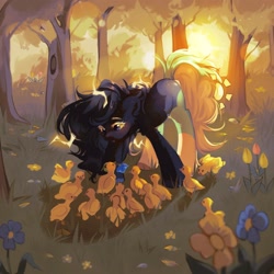 Size: 3000x3000 | Tagged: safe, artist:pledus, oc, oc only, bird, duck, earth pony, pony, backlighting, duckling, flower, forest, grass, high res, nature, solo