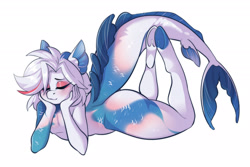 Size: 2351x1567 | Tagged: safe, artist:zenexart, oc, oc only, fish, original species, anthro, unguligrade anthro, butt, ear fins, eyelashes, eyes closed, eyeshadow, femboy, fish tail, hair, hand on face, hips, hooves, legs raised, lidded eyes, lying down, makeup, male, prone, scales, short hair, simple background, solo, tail, the pose, thighs, white background