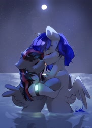 Size: 2058x2837 | Tagged: safe, artist:pledus, oc, oc only, oc:mb midnight breeze, oc:se solar eclipse, pegasus, pony, embrace, eyes closed, female, floppy ears, french kiss, full moon, high res, kissing, male, mare, moon, oc x oc, partially submerged, shipping, spread wings, stallion, straight, water, wings