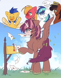 Size: 2124x2718 | Tagged: safe, artist:pledus, big macintosh, flash sentry, shining armor, trouble shoes, oc, alicorn, earth pony, pegasus, pony, unicorn, g4, blushing, canon x oc, high res, letter, love letter, mailbox, spread wings, wings