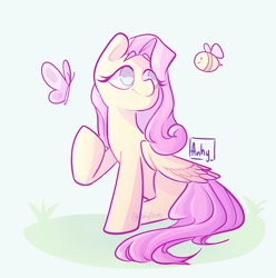 Size: 1856x1872 | Tagged: safe, artist:anyhdm, fluttershy, bee, butterfly, insect, pegasus, pony, g4, beige background, eyebrows, female, folded wings, grass, looking at something, looking up, mare, no pupils, raised hoof, signature, simple background, sitting, solo, turned head, wings